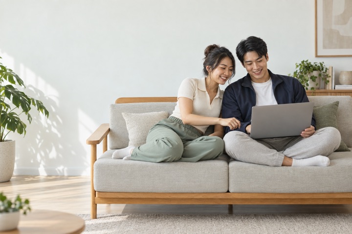 Ảnh minh họa AI: một người phụ nữ ngồi sát, chỉ vào màn hình laptop mà người đàn ông bên cạnh đang cầm; cả hai mỉm cười trên chiếc sofa sáng màu.