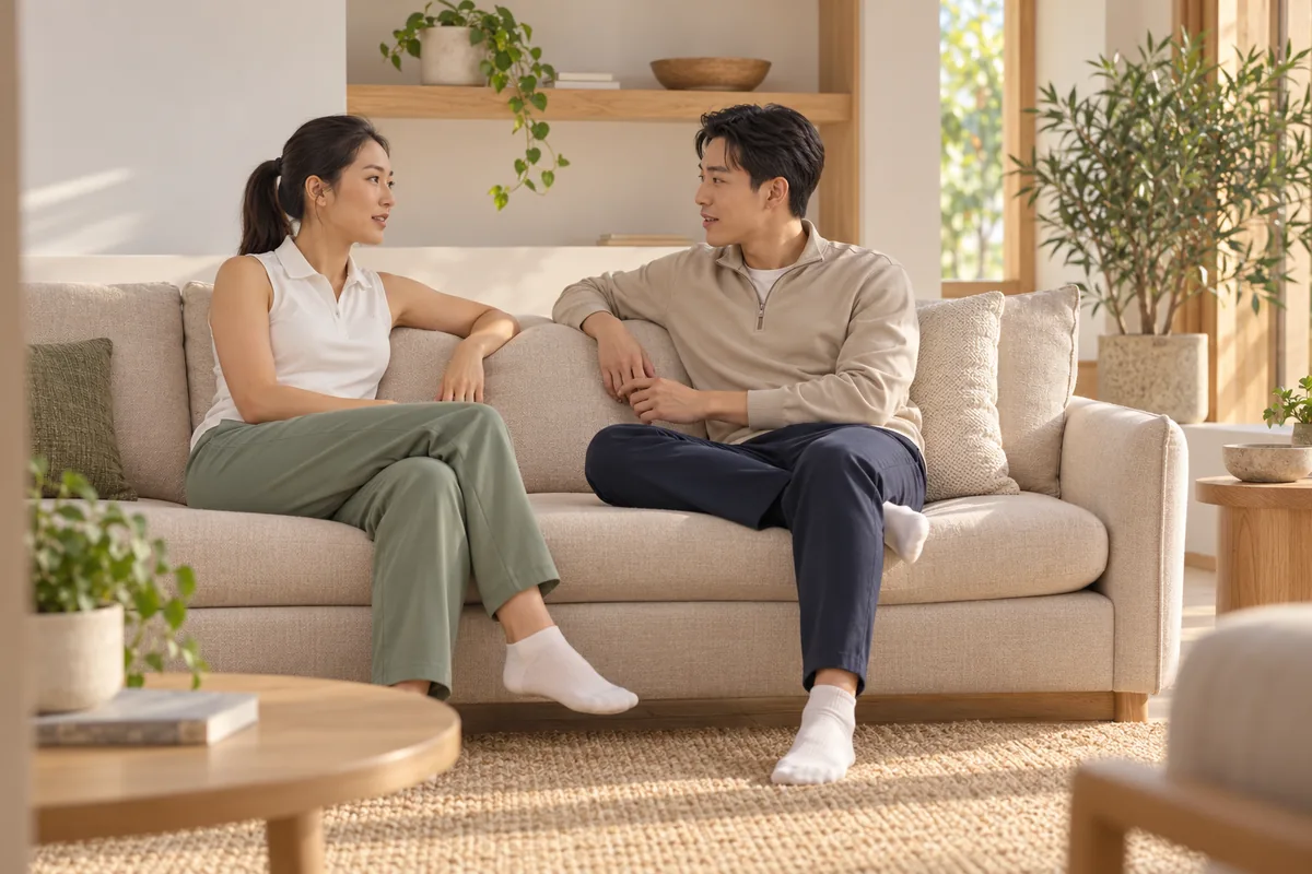 Ảnh minh họa AI: một người phụ nữ và một người đàn ông ngồi trên ghế sofa màu kem trong phòng khách nhiều nắng, quay sang trò chuyện với nhau