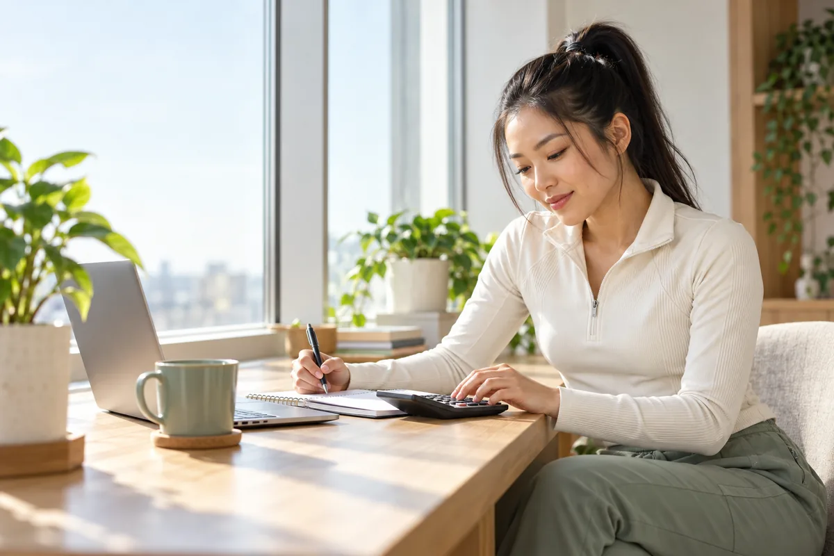 Ảnh minh họa AI: một người phụ nữ ngồi bên bàn gỗ cạnh cửa sổ, một tay ghi vào sổ, một tay bấm máy tính cầm tay, bên cạnh là laptop và cốc nước