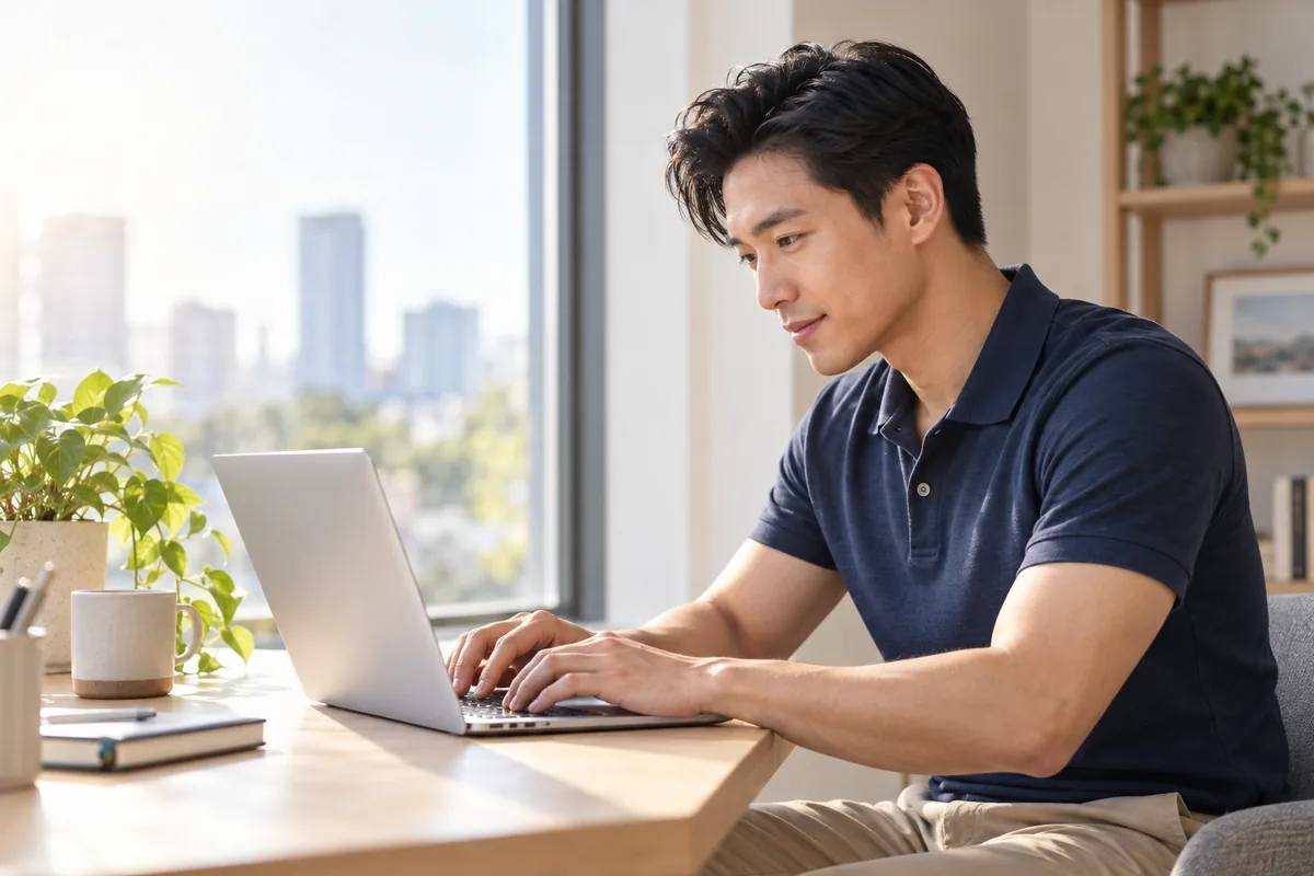 Ảnh minh họa AI: một người đàn ông ngồi bên bàn gỗ cạnh cửa sổ lớn, gõ phím laptop và mỉm cười nhẹ