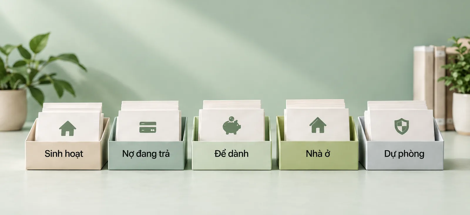 Minh họa năm hộp thẻ đặt cạnh nhau, ghi Sinh hoạt, Nợ đang trả, Để dành, Nhà ở và Dự phòng: chia tiền mỗi tháng thành từng phần trước khi tính tầm giá.
