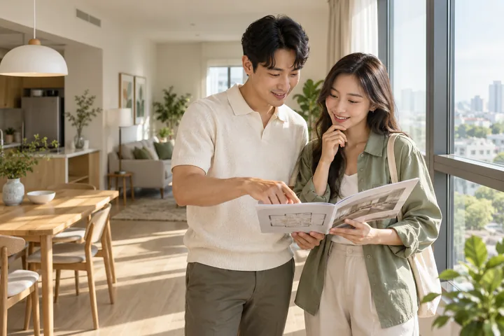 Ảnh minh họa AI: một người đàn ông và một người phụ nữ đứng trong căn hộ nhiều nắng, cùng xem một cuốn tài liệu có sơ đồ mặt bằng