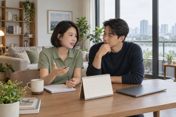Ảnh minh họa AI: một người phụ nữ đang nói và một người đàn ông chăm chú lắng nghe bên bàn có lịch để bàn, sổ ghi chép và laptop