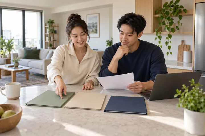 Ảnh minh họa AI: một người phụ nữ chỉ vào một trong ba tập hồ sơ trên mặt bàn đá, người đàn ông cầm một tờ giấy và suy nghĩ, bên cạnh là laptop