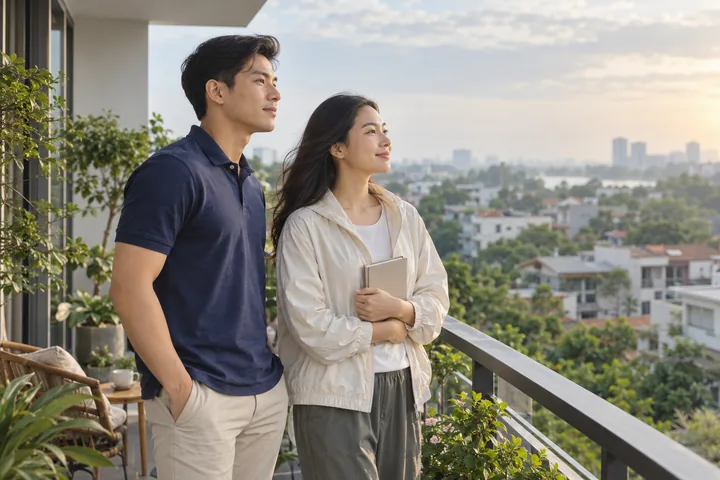 Ảnh minh họa AI: một người đàn ông và một người phụ nữ ôm cuốn sổ đứng trên ban công nhiều cây xanh, nhìn ra khu phố lúc nắng sớm