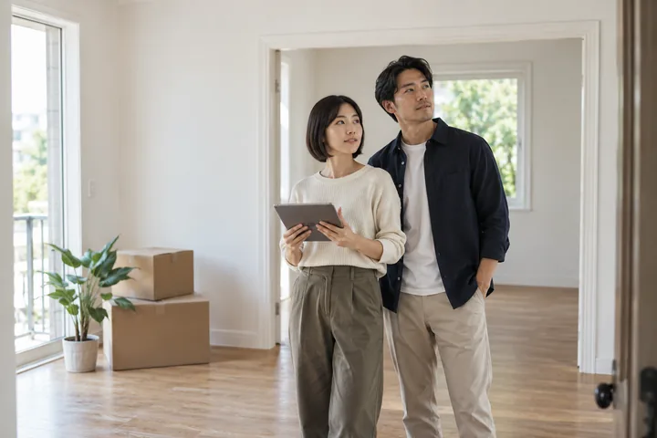 Ảnh minh họa AI: một người phụ nữ cầm máy tính bảng và một người đàn ông đứng trong căn phòng trống có thùng các-tông, nhìn quanh căn phòng