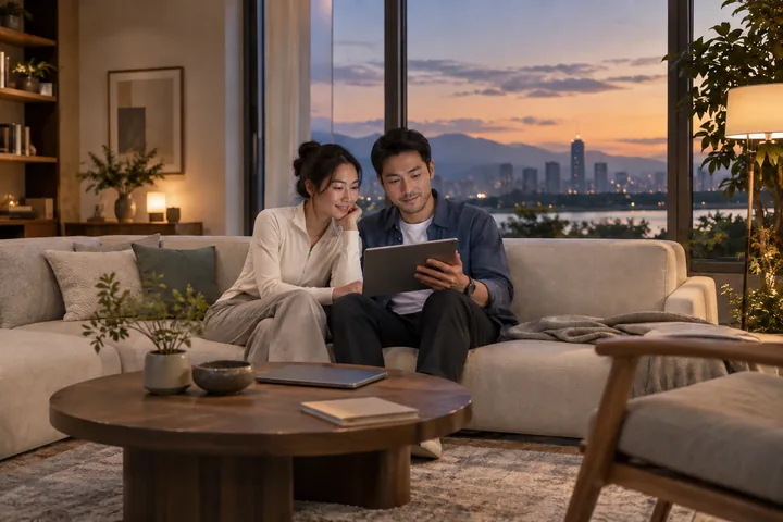 Ảnh minh họa AI: một người phụ nữ và một người đàn ông ngồi trên ghế sofa trong phòng khách lúc chiều tối, cùng xem máy tính bảng