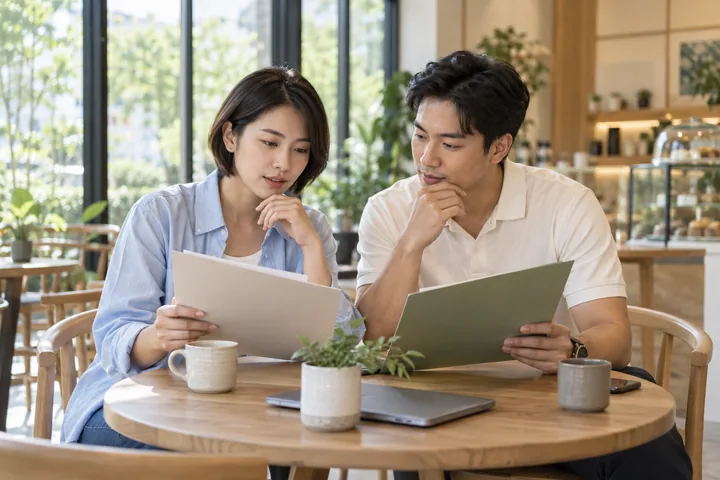 Ảnh minh họa AI: một người phụ nữ và một người đàn ông ngồi ở bàn tròn trong quán cà phê, mỗi người cầm một tập tài liệu và cân nhắc