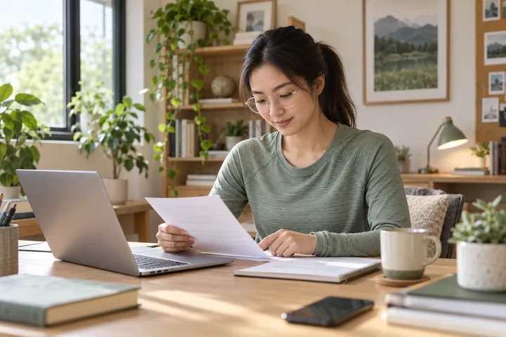 Ảnh minh họa AI: một người phụ nữ đeo kính ngồi bên bàn làm việc, đọc kỹ một tờ giấy và chỉ tay vào cuốn sổ, cạnh laptop