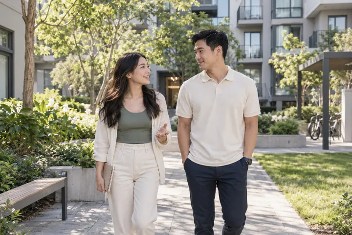 Ảnh minh họa AI: một người phụ nữ cầm cuốn sổ và một người đàn ông đi bộ trên lối đi giữa khu vườn của một khu căn hộ, vừa đi vừa trò chuyện