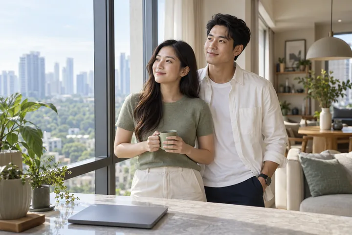 Ảnh minh họa AI: một người phụ nữ cầm cốc và một người đàn ông đứng cạnh cửa kính lớn của một căn hộ, cùng nhìn ra ngoài và mỉm cười