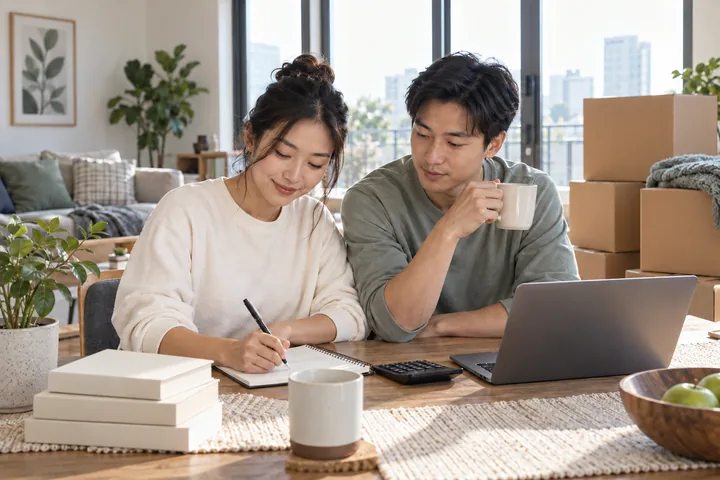 Ảnh minh họa AI: một người phụ nữ ghi vào sổ bên máy tính cầm tay, người đàn ông cầm cốc ngồi cạnh nhìn theo, phía sau là các thùng các-tông