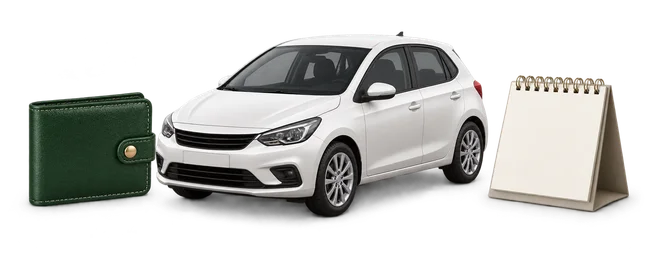 Hình minh họa 3D một chiếc xe hatchback nhỏ màu trắng, một chiếc ví màu xanh và một cuốn lịch để bàn trống.